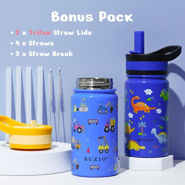 Buzio Kids Bottle with Straw Lid | 2 Pack 500ML - Cars+Dinosaur