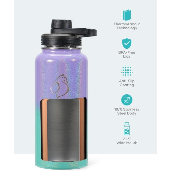 Buzio Trio Series Water Bottle with 3 Lids and Sleeve 1L - Purple Green