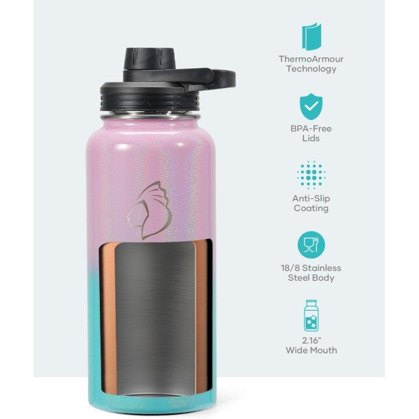 Buzio Trio Series Water Bottle with 3 Lids and Sleeve 1L - Pink Green