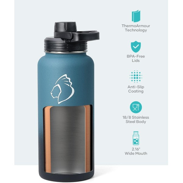 Buzio Trio Series Water Bottle with 3 Lids and Sleeve 1L - Indigo Crush