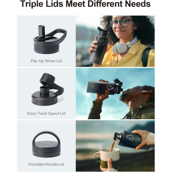 Buzio Trio Series Water Bottle with 3 Lids and Sleeve 1.2L - Shadow