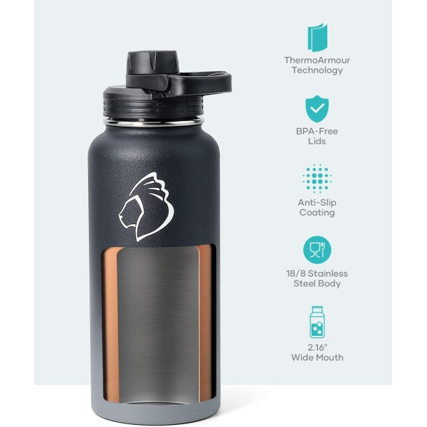 Buzio Trio Series Water Bottle with 3 Lids and Sleeve 1L - Shadow