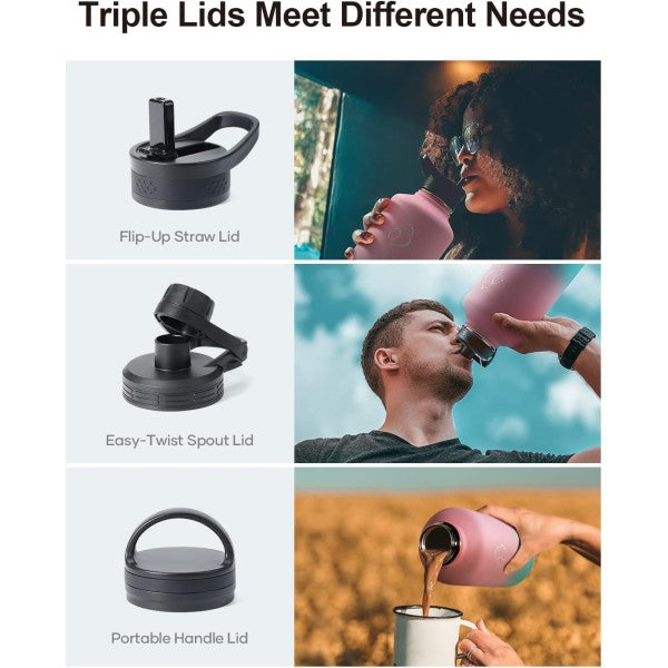 Buzio Trio Series Water Bottle with 3 Lids and Sleev 1.9L - Bubble Gum