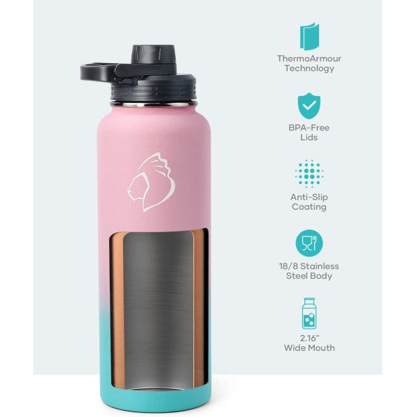 Buzio Trio Series Water Bottle with 3 Lids and Sleeve 1.2L - Bubble Gum