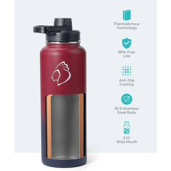 Buzio Trio Series Water Bottle with 3 Lids and Sleeve 1.2L - Ruby Red Navy