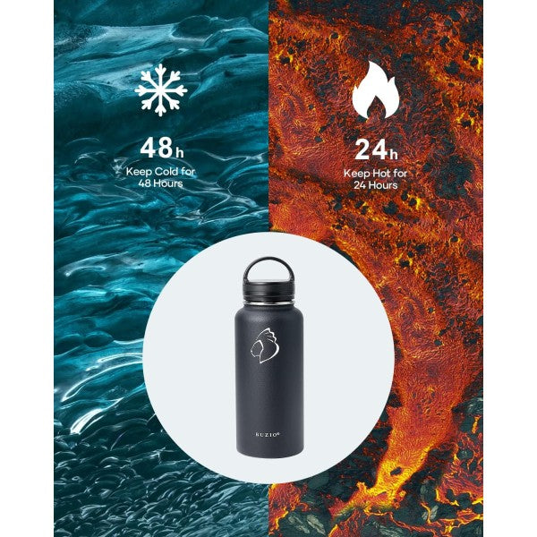 Buzio Trio Series Water Bottle with 3 Lids and Sleeve 1.2L - Black