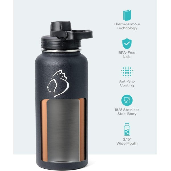 Buzio Trio Series Water Bottle with 3 Lids and Sleeve 1.2L - Black