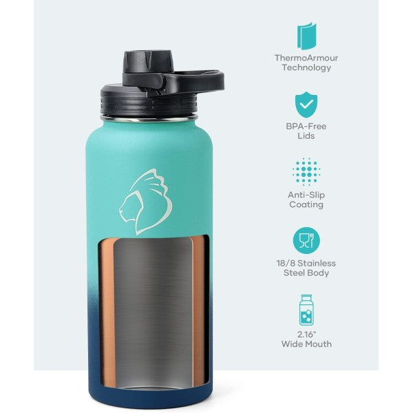Buzio Trio Series Water Bottle with 3 Lids and Sleeve 1L - Caribbean Blue