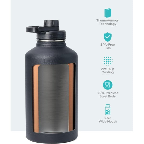 Buzio Trio Series Water Bottle with 3 Lids and Sleev 1.9L - Black