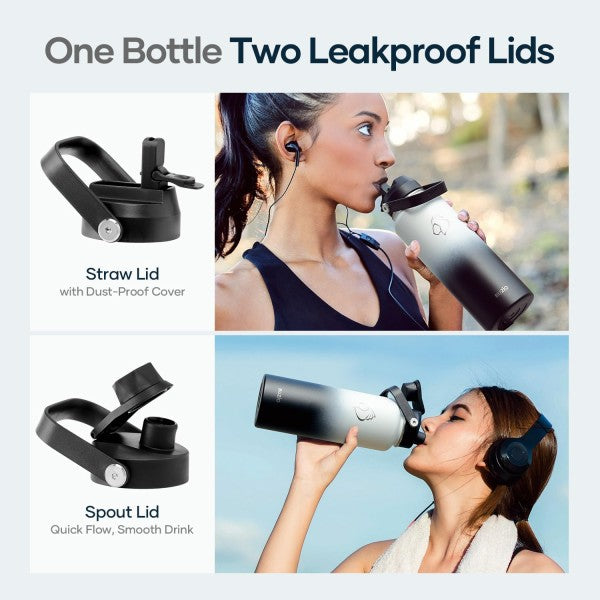 Buzio Duet Series Water Bottle with 2 Lids and Sleeve 1.2L - Black White