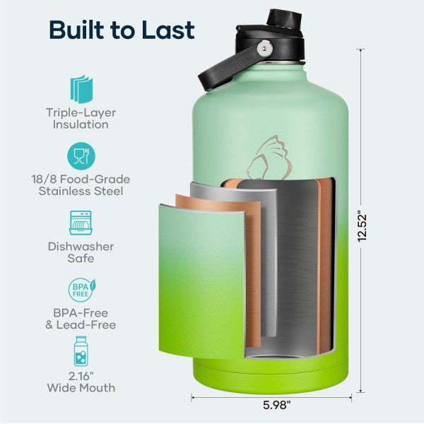 Buzio Duet Series Gallon Bottle with 2 Lids and Sleeve 3.8L - Gradient Green