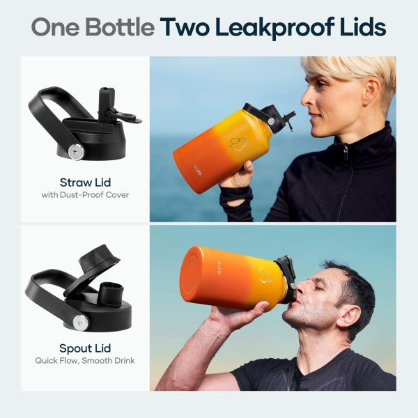 Buzio Duet Series Water Bottle with 2 Lids and Sleeve 1.9L - Yellow Orange