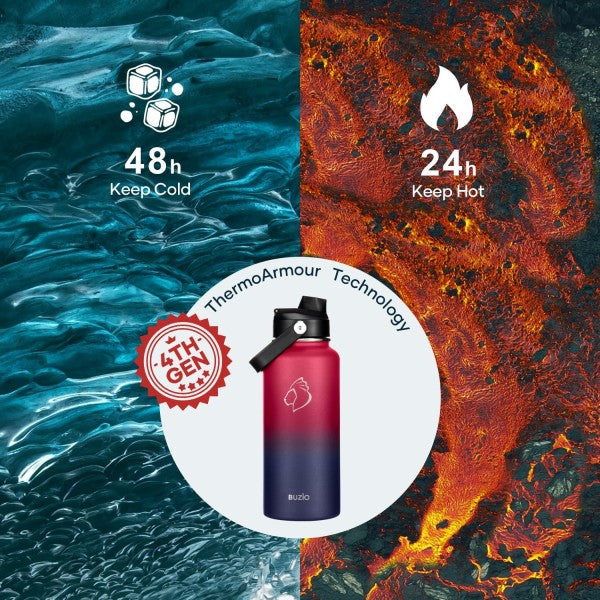 Buzio Duet Series Water Bottle with 2 Lids and Sleeve 1L - Ruby Red Navy