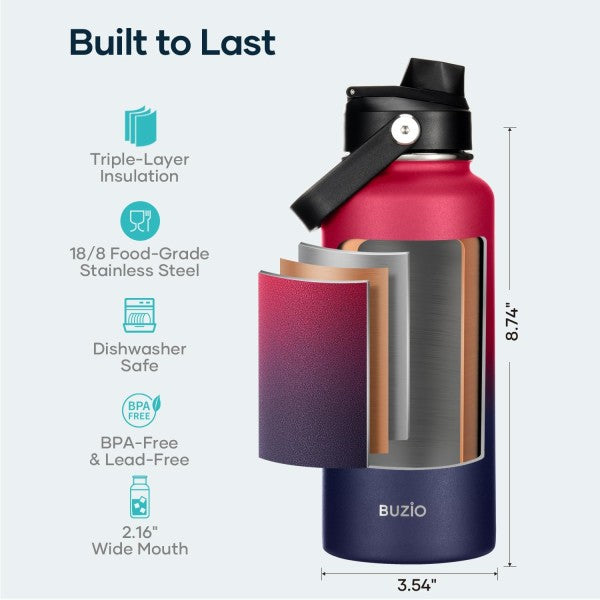 Buzio Duet Series Water Bottle with 2 Lids and Sleeve 1L - Ruby Red Navy