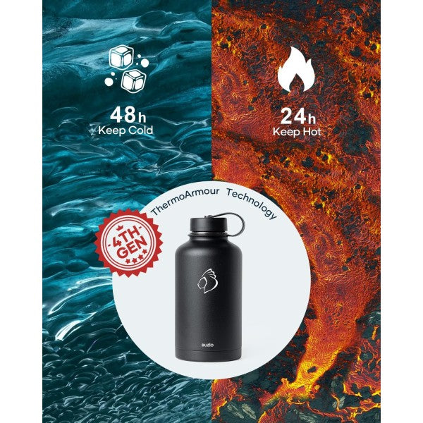 Buzio Duet Series Water Bottle with 2 Lids and Sleeve 2.5L - Black