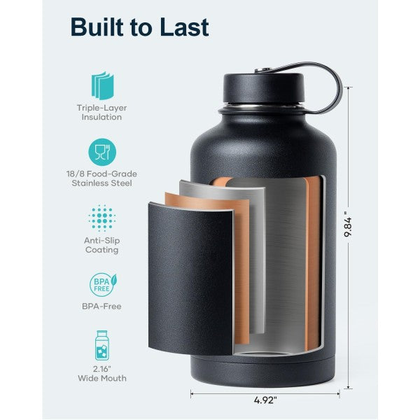 Buzio Duet Series Water Bottle with 2 Lids and Sleeve 1.9L - Black