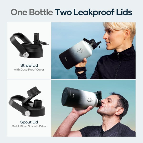 Buzio Duet Series Water Bottle with 2 Lids and Sleeve 1.9L - Black White