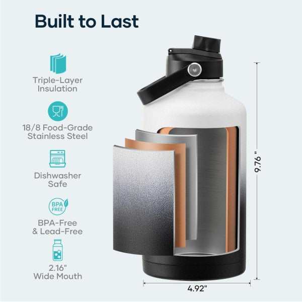 Buzio Duet Series Water Bottle with 2 Lids and Sleeve 1.9L - Black White