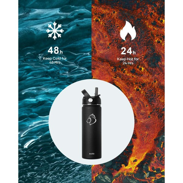 Buzio Duet Series Water Bottle with 2 Lids and Sleeve 650ML - Black