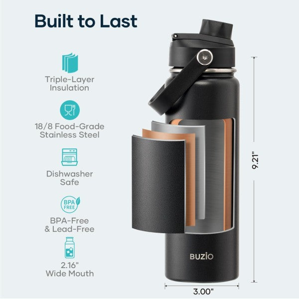 Buzio Duet Series Water Bottle with 2 Lids and Sleeve 650ML - Black