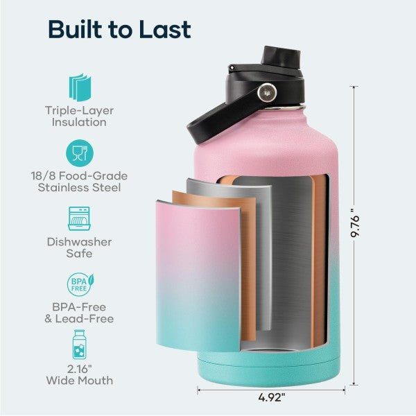 Buzio Duet Series Water Bottle with 2 Lids and Sleeve 1.9L - Pink Green