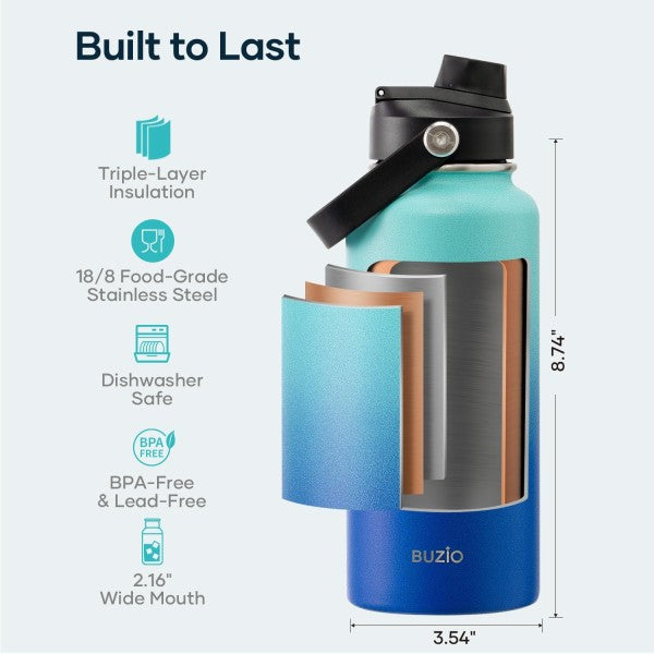 Buzio Duet Series Water Bottle with 2 Lids and Sleeve 1L - Caribbean Blue
