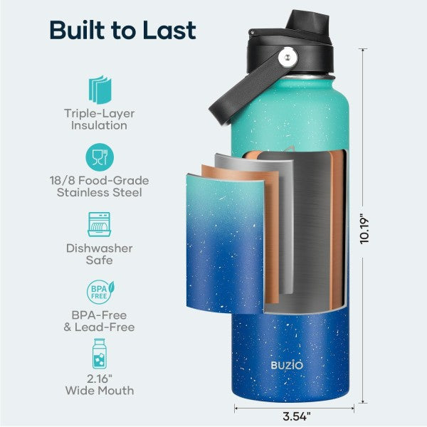 Buzio Duet Series Water Bottle with 2 Lids and Sleeve 1.2L - Starry Blue