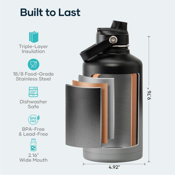 Buzio Duet Series Water Bottle with 2 Lids and Sleeve 1.9L - Shadow