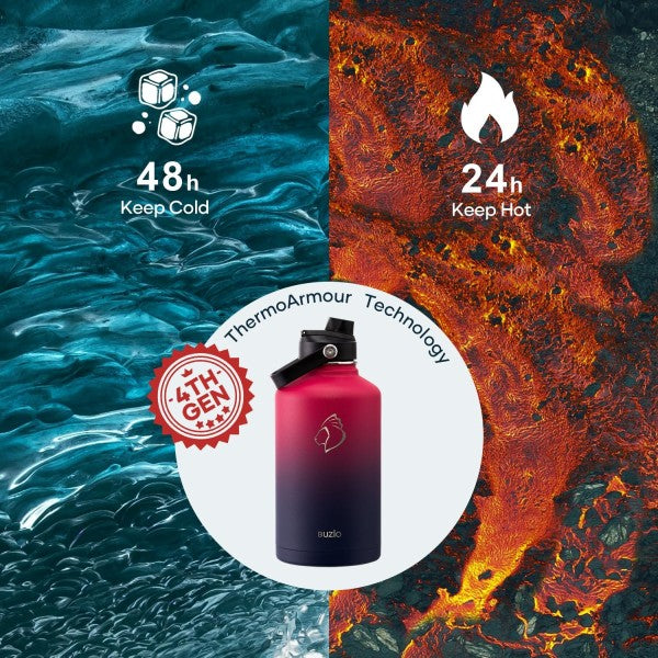 Buzio Duet Series Water Bottle with 2 Lids and Sleeve 1.9L - Ruby Red Navy