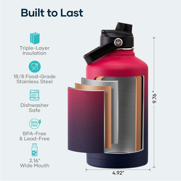 Buzio Duet Series Water Bottle with 2 Lids and Sleeve 1.9L - Ruby Red Navy