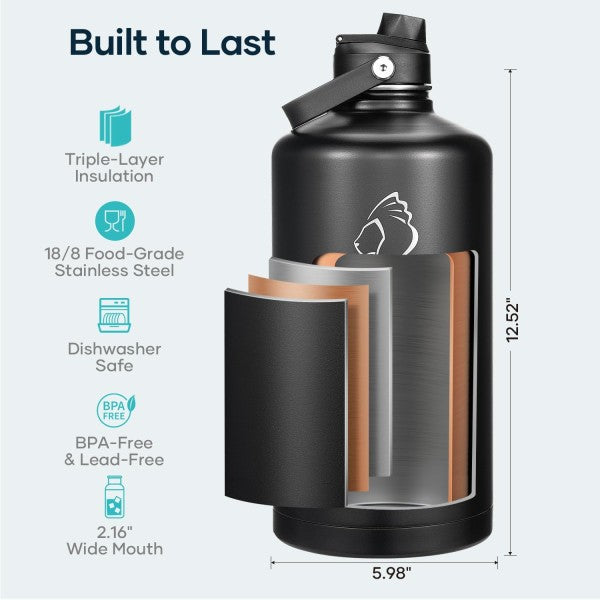 Buzio Duet Series Gallon Bottle with 2 Lids and Sleeve 3.8L - Black