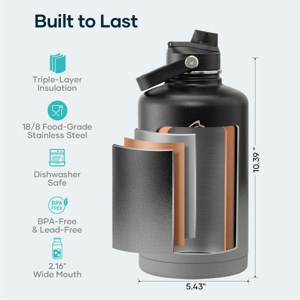 Buzio Duet Series Water Bottle with 2 Lids and Sleeve 2.5L - Shadow