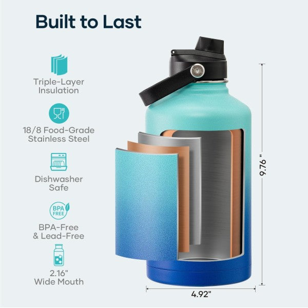 Buzio Duet Series Water Bottle with 2 Lids and Sleeve 1.9L - Caribbean Blue