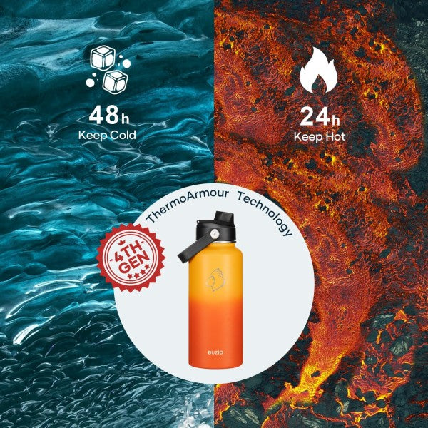 Buzio Duet Series Water Bottle with 2 Lids and Sleeve 1.2L - Yellow Orange