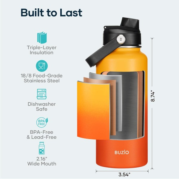 Buzio Duet Series Water Bottle with 2 Lids and Sleeve 1L - Yellow Orange