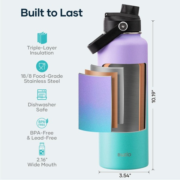 Buzio Duet Series Water Bottle with 2 Lids and Sleeve 1.2L - Purple Green