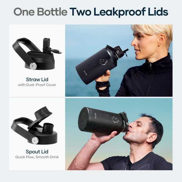 Buzio Duet Series Water Bottle with 2 Lids and Sleeve 1.9L - Starry Black