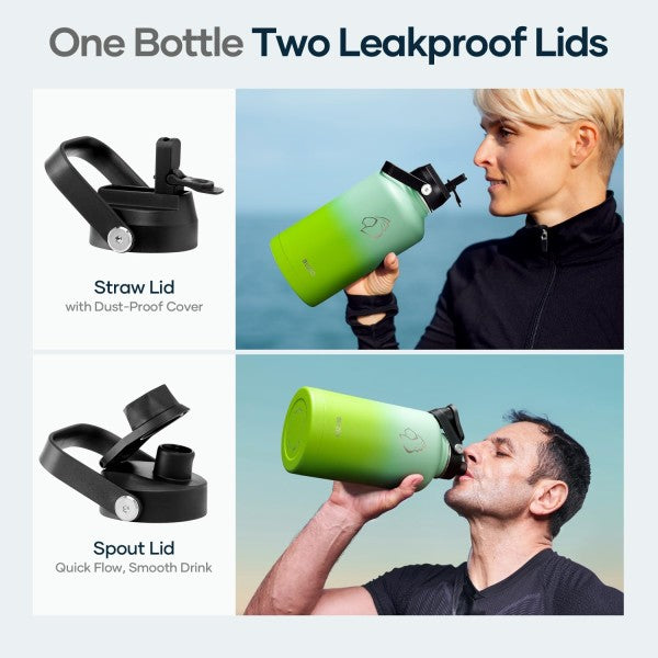 Buzio Duet Series Water Bottle with 2 Lids and Sleeve 1.9L - Gradient Green