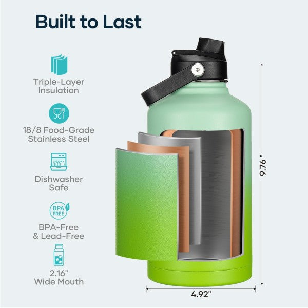 Buzio Duet Series Water Bottle with 2 Lids and Sleeve 1.9L - Gradient Green
