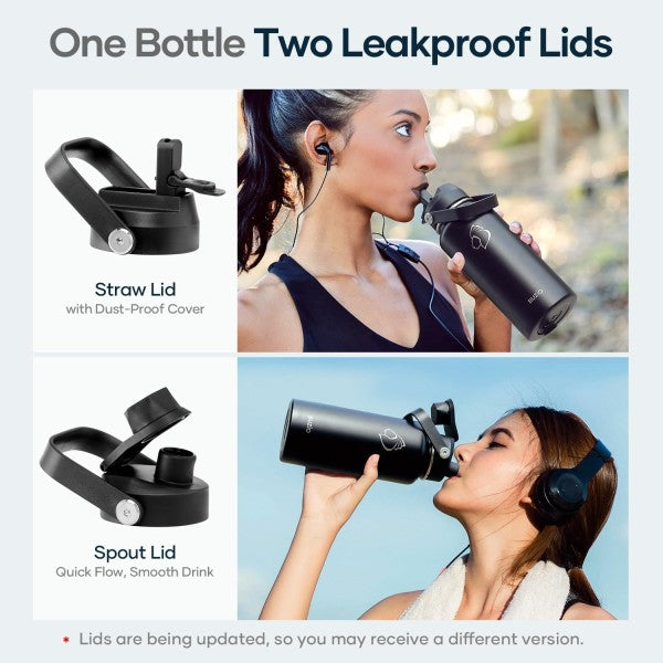 Buzio Duet Series Water Bottle with 2 Lids and Sleeve 1.2L - Black