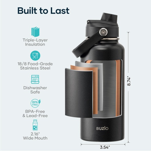 Buzio Duet Series Water Bottle with 2 Lids and Sleeve 1L - Black