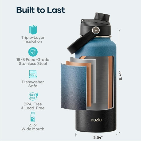 Buzio Duet Series Water Bottle with 2 Lids and Sleeve 1L - Indigo Crush