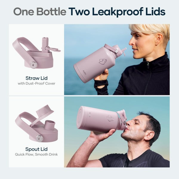 Buzio Duet Series Water Bottle with 2 Lids and Sleeve 1.9L - Purple