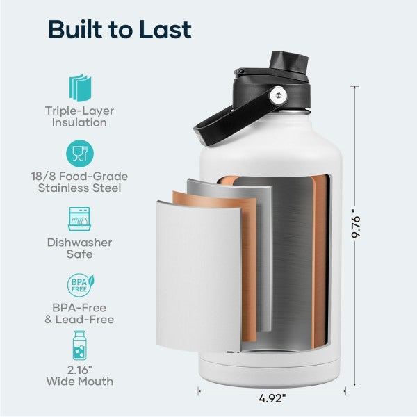 Buzio Duet Series Water Bottle with 2 Lids and Sleeve 1.9L - White