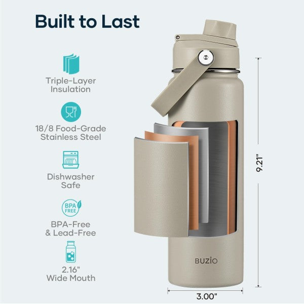 Buzio Duet Series Water Bottle with 2 Lids and Sleeve 700ML - Beige