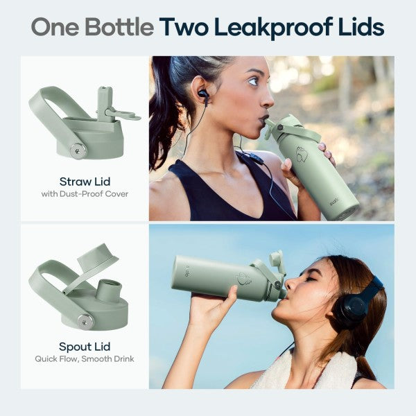 Buzio Duet Series Water Bottle with 2 Lids and Sleeve 700ML - Green