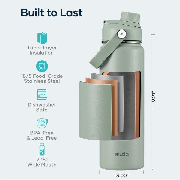 Buzio Duet Series Water Bottle with 2 Lids and Sleeve 700ML - Green