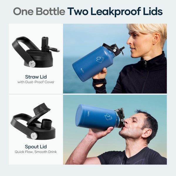 Buzio Duet Series Water Bottle with 2 Lids and Sleeve 1.9L - Blue
