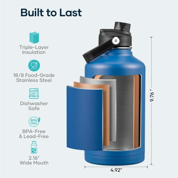 Buzio Duet Series Water Bottle with 2 Lids and Sleeve 1.9L - Blue