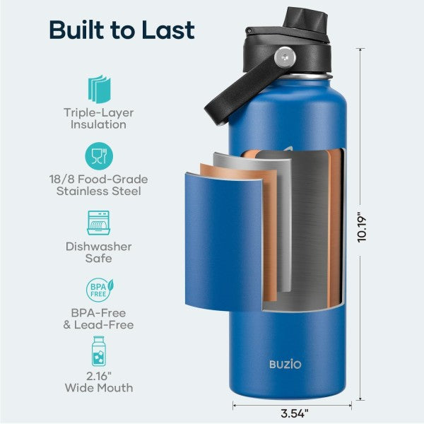 Buzio Duet Series Water Bottle with 2 Lids and Sleeve 1.2L - Blue